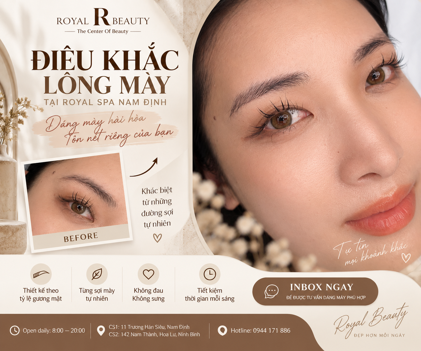 Điêu Khắc Lông Mày Tại Royal Spa Nam Định – Dáng Mày Tự Nhiên, Chuẩn Tỷ Lệ Gương Mặt