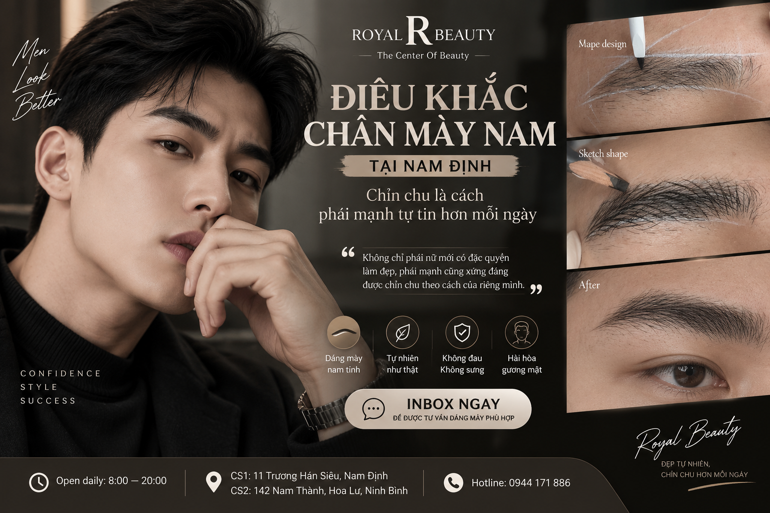 Điêu Khắc Chân Mày Nam Tại Nam Định – Dáng Mày Tự Nhiên, Chuẩn Phong Độ Tại Royal Beauty
