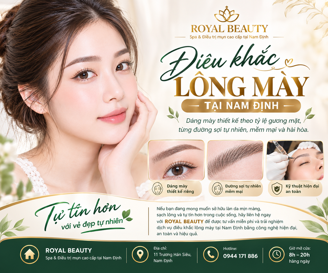 Điêu Khắc Lông Mày Tại Royal Spa Nam Định – Dáng Mày Tự Nhiên, Chuẩn Tỷ Lệ Gương Mặt