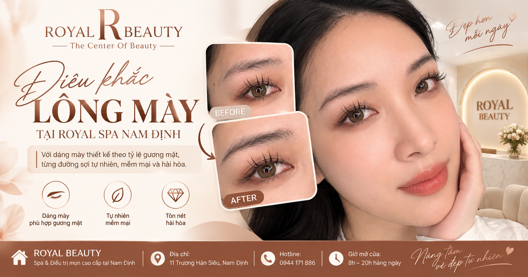 Điêu Khắc Lông Mày Tại Royal Spa Nam Định – Dáng Mày Tự Nhiên, Chuẩn Tỷ Lệ Gương Mặt
